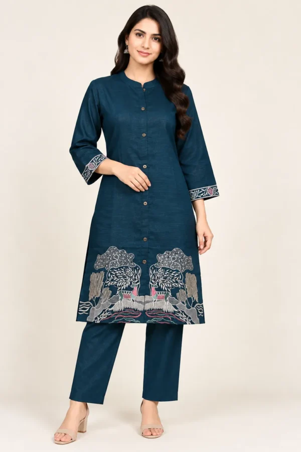 VRAA Women Teal Blue Embroidered Kurta Pant Co-Ord Set