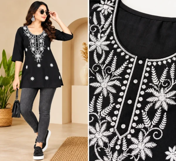 VRAA Women Rayon Slub Lucknowi Embroidered Short Top
