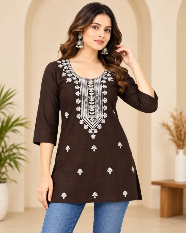 VRAA Women Dark Brown Rayon Slub Lucknowi Embroidered Short Top with 3/4 Sleeves