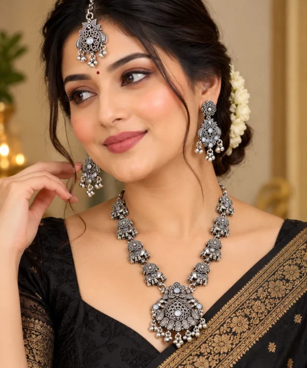 VRAA Oxidised Silver Traditional 3-Piece Necklace Set with Earrings & Maang Tikka