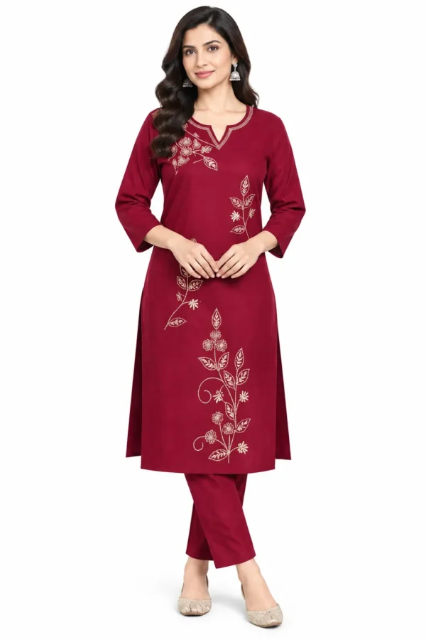 VRAA Women's Maroon Floral Embroidered Kurta Pant Set