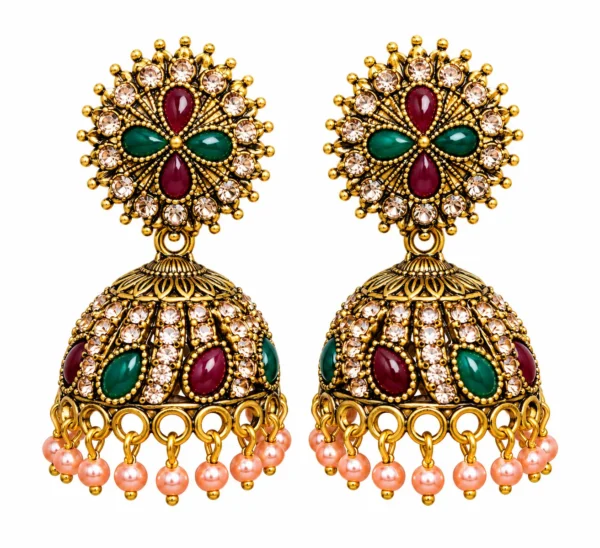 VRAA Traditional Green & Maroon Stone Gold-Tone Jhumka Earrings for Women