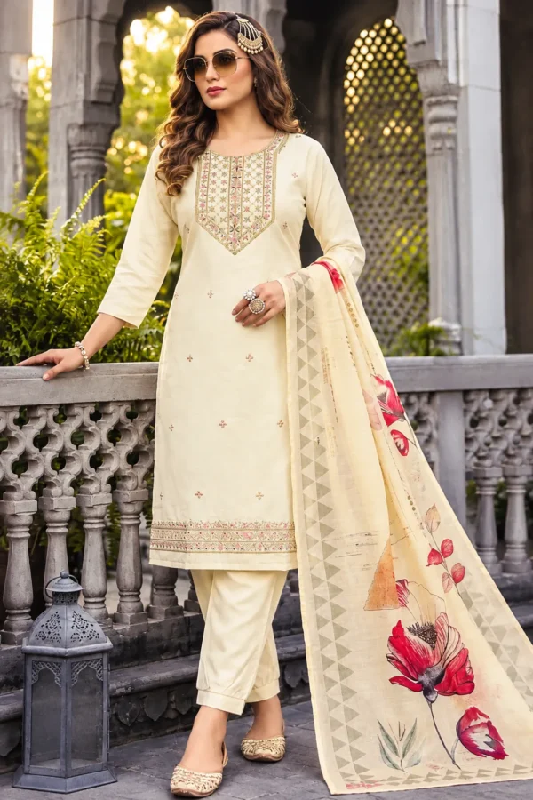VRAA Women’s Embroidered Suit Set with Roman Silk Digital Dupatta