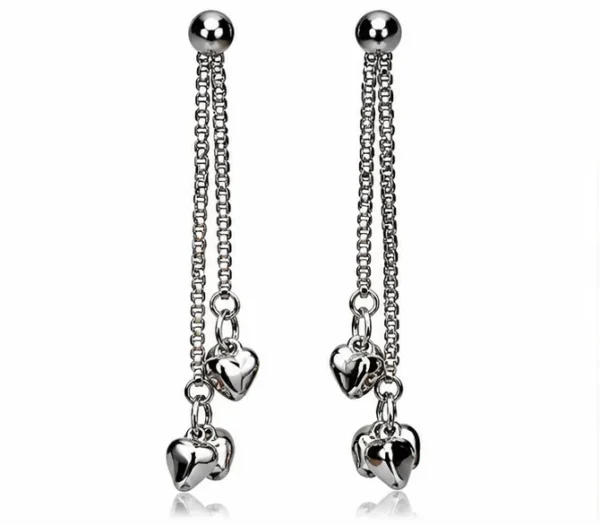 VRAA Silver-Tone Double Chain Heart Charm Drop Earrings