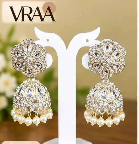 VRAA Silver Stone Work Pearl Jhumka Earrings