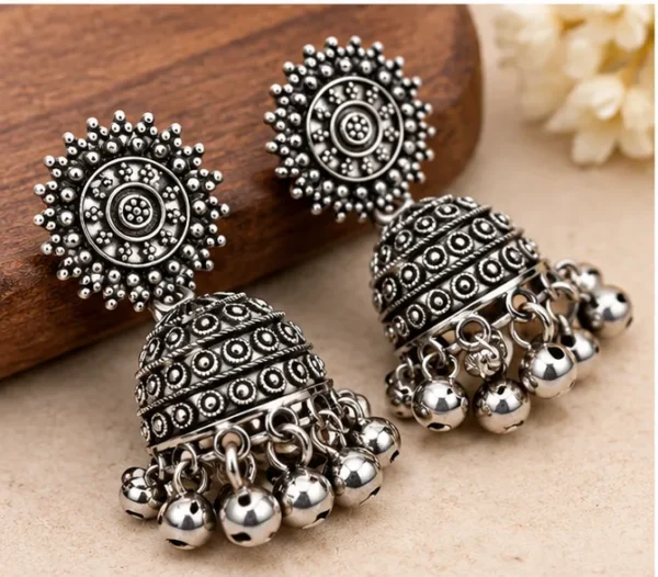 VRAA Oxidised Silver Sunburst Jhumka Earrings with Hanging Bells