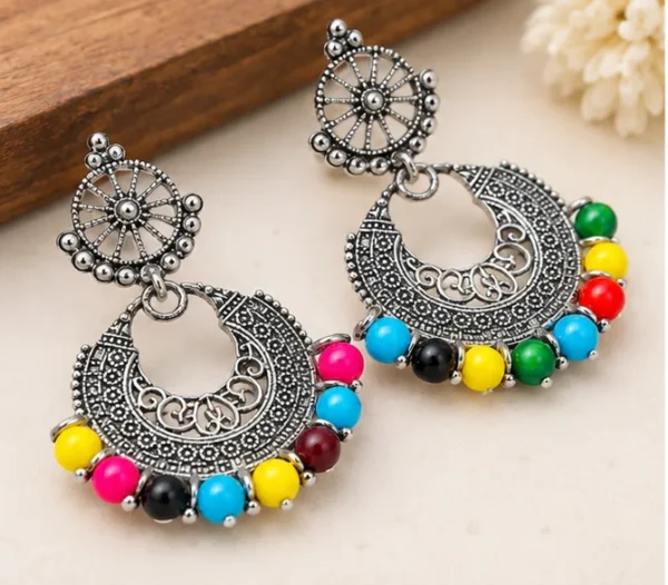 VRAA Oxidised Silver Multicolor Beaded Hoop Earrings