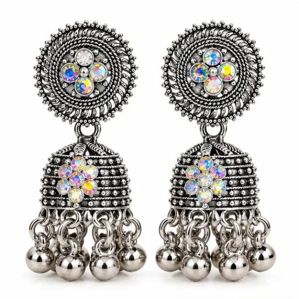 VRAA Oxidised Silver Rainbow Stone Jhumka Earrings with Hanging Bells