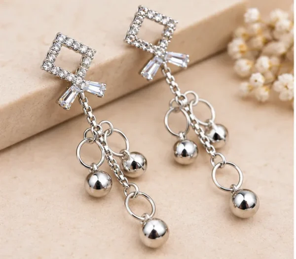 VRAA Silver-Tone Crystal Bow Chain Drop Earrings