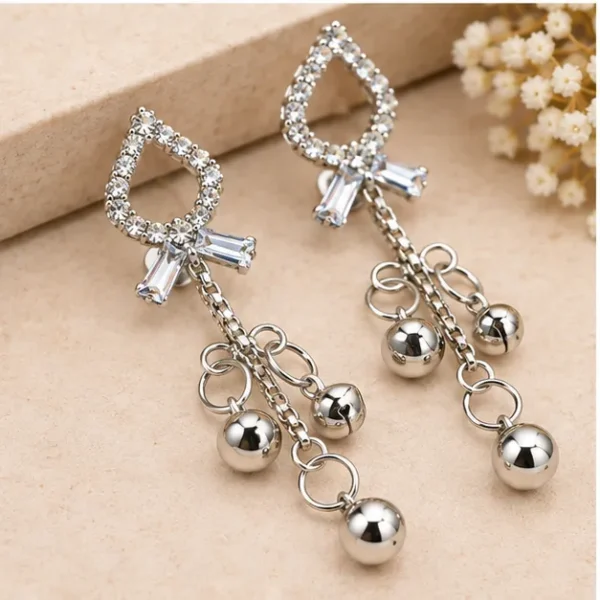 VRAA Silver-Tone Teardrop Crystal Bow Chain Drop Earrings