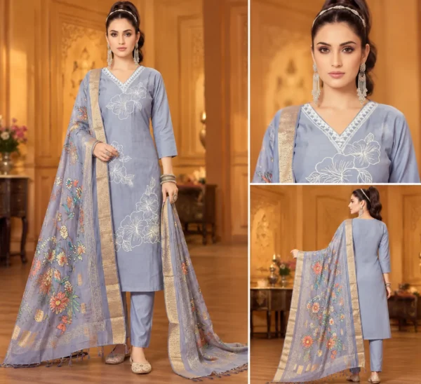 VRAA Women’s Light Blue Floral Embroidered Kurta Set with Pant and Organza Dupatta