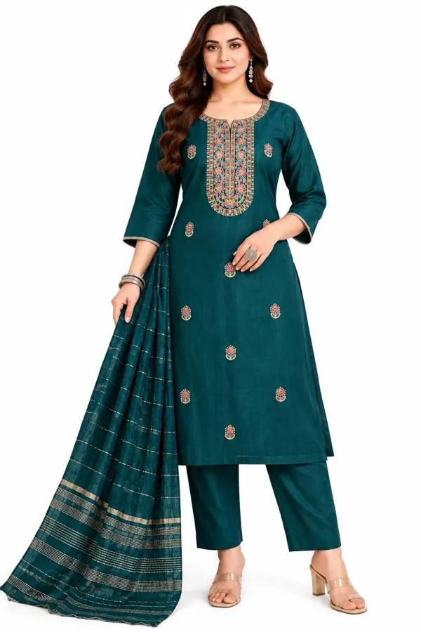 VRAA Women’s Teal Green Embroidered Kurta Pant Dupatta Set | 3 Piece Ethnic Wear