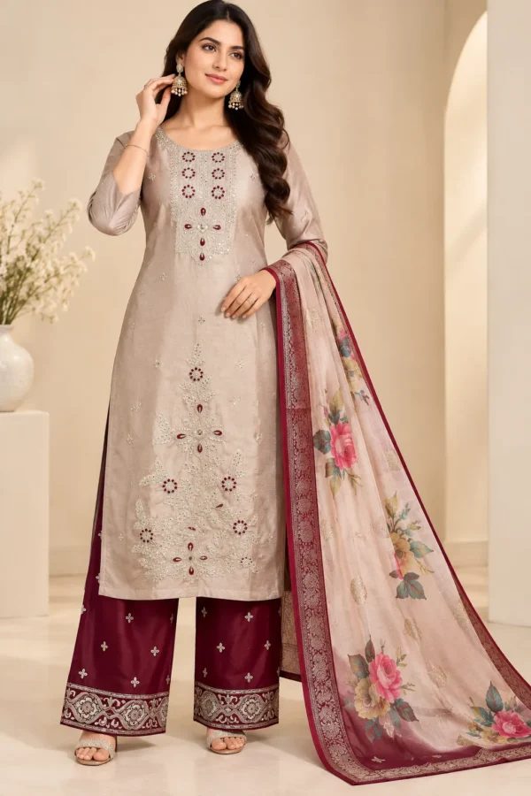 VRAA Women’s Beige Embroidered Kurta Pant Set with Printed Dupatta