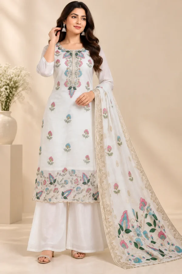 VRAA Women’s White Floral Embroidered Kurta Palazzo Set with Matching Dupatta