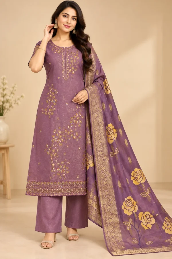 VRAA Women’s Purple Embroidered Kurta Pant Set with Floral Dupatta