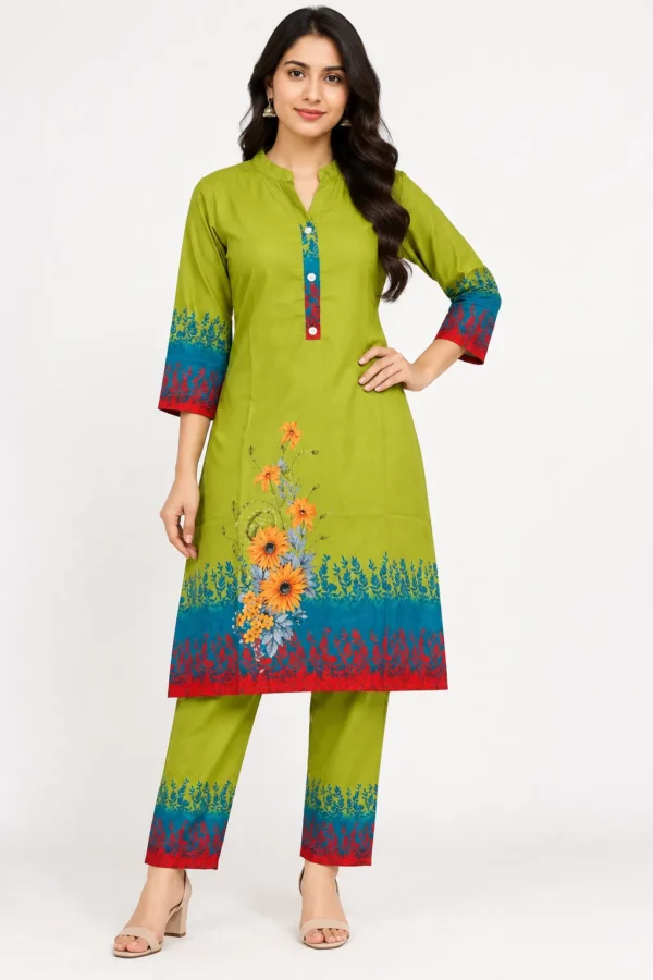 VRAA Women Olive Green Floral Printed Kurta Pant Co-Ord Set