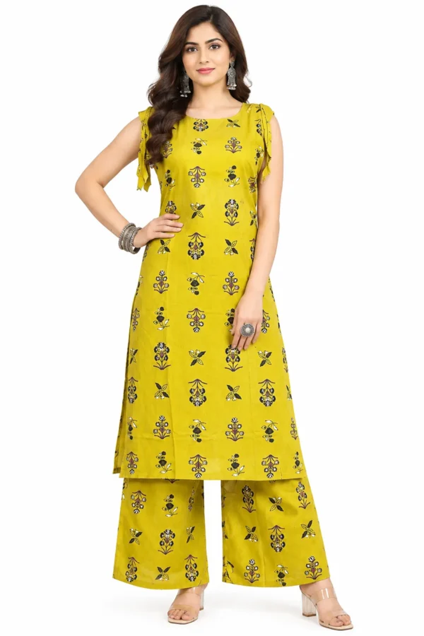 VRAA Women's Mustard Yellow Printed Kurta Pant Set