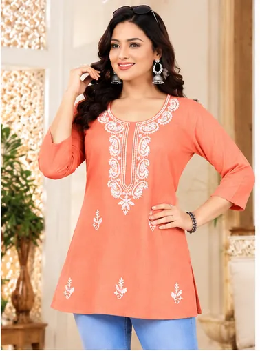 VRAA Women's Rayon Slub Short Top with Lucknowi Embroidery