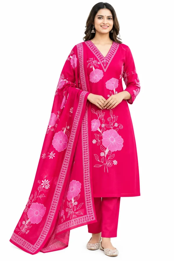 VRAA Women's Fuchsia Pink Floral Embroidered 3-Piece Suit Set with Digital Dupatta