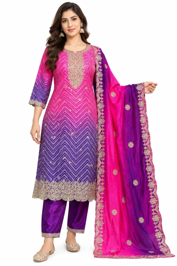VRAA Women's Pink Purple Chevron Printed Embroidered Kurta Pant Dupatta Set