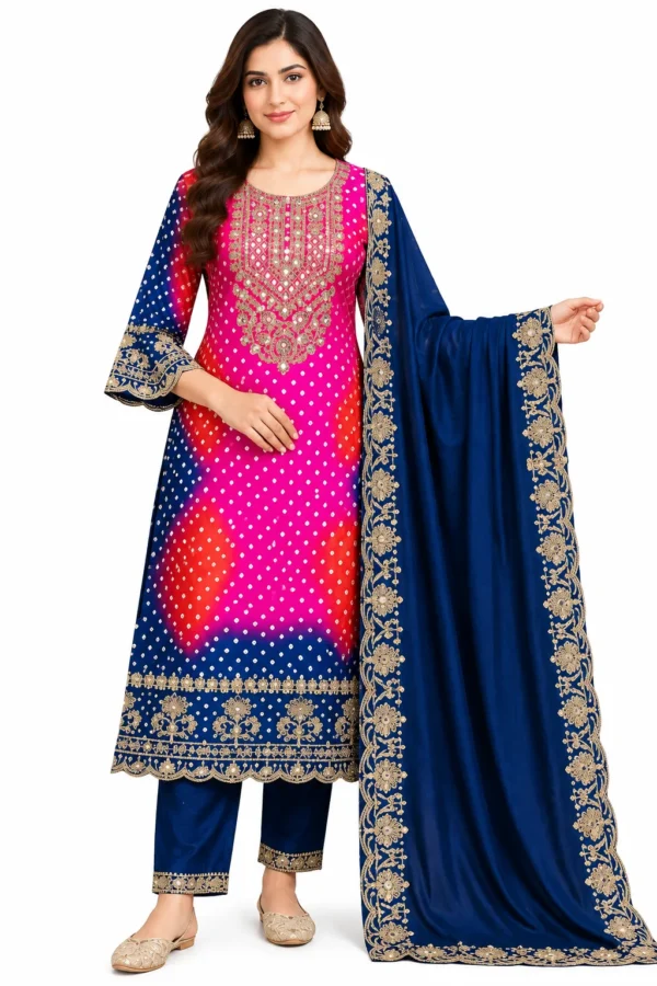 VRAA Women's Pink and Navy Blue Heavy Embroidered Kurta Pant Set with Dupatta