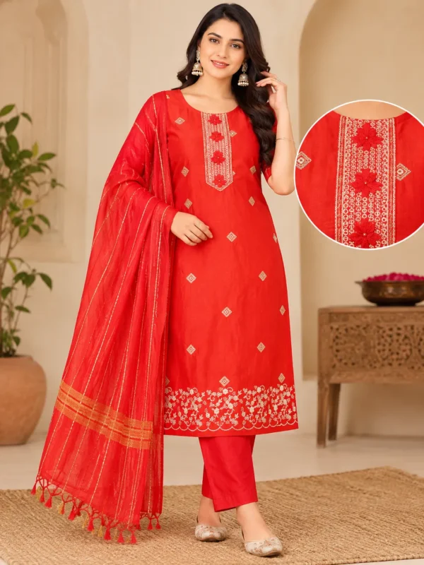 VRAA Women Embroidered Kurti Set with Matching Pant and Dupatta