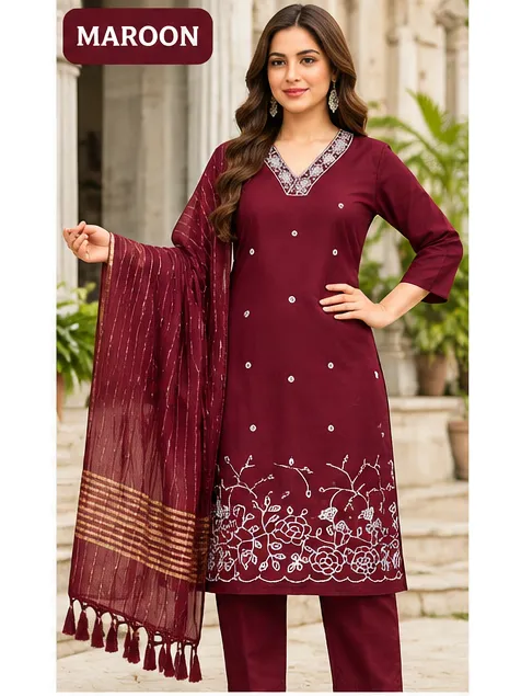 VRAA Women’s Rayon Embroidered 3-Piece Suit Set