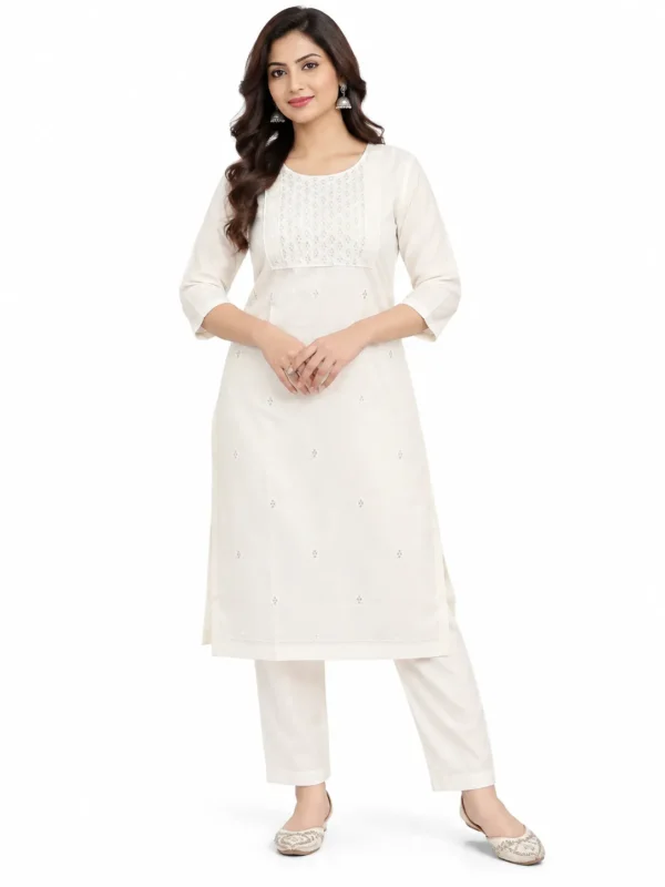 VRAA Women's Off-White Chanderi Embroidered Kurti with Pant Set